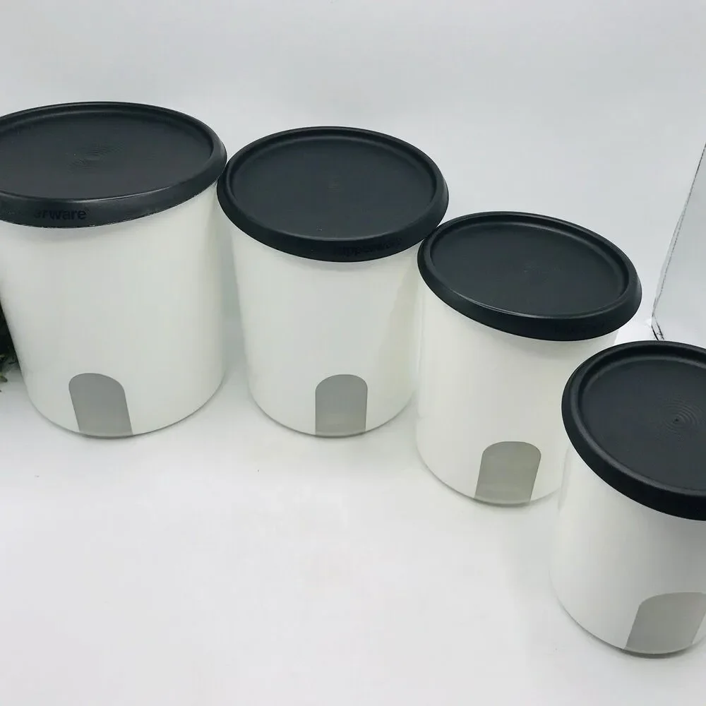 Tupperware One-Touch Reminder 4 Piece Canister Set White W/ Black Lids Tradition